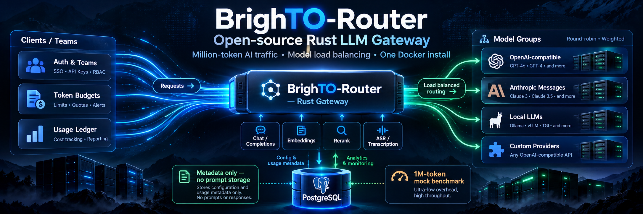 BrighTO-Router architecture: open-source Rust LLM gateway with model load balancing, chat completions, embeddings, rerank, ASR transcription, PostgreSQL usage metadata, and privacy-first no prompt storage